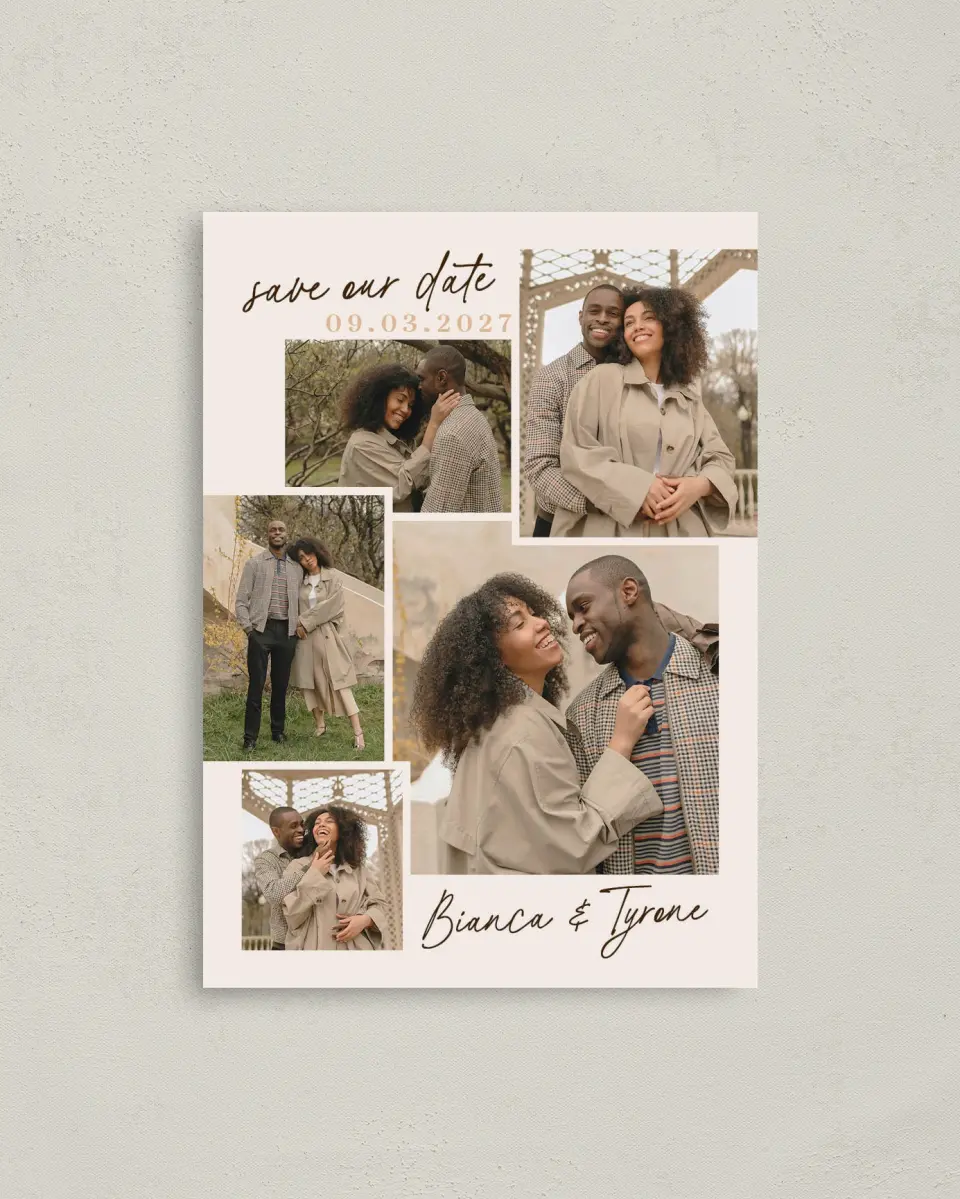 This is a 4" x 5.6" Save the Date Postcard called Lovely Bliss printed in full color with Gold foil on Soft Touch Finish paper