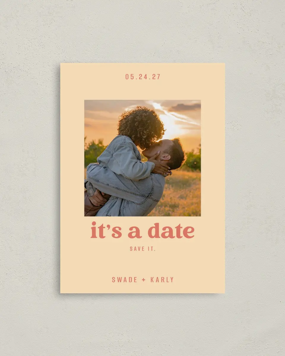 This is a 4" x 5.6" Save the Date Postcard called Save It printed in full color with Gold foil on Soft Touch Finish paper