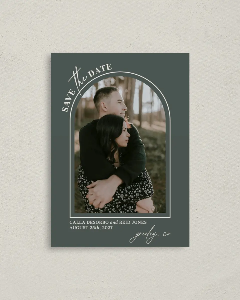 This is a 4" x 5.6" Save the Date Postcard called Encompassing Love printed in full color with Gold foil on Soft Touch Finish paper