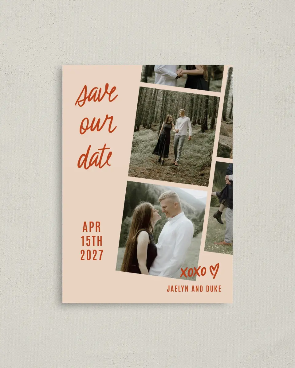 This is a 4" x 5.6" Save the Date Postcard called Capture It, Remember It printed in full color with Gold foil on Soft Touch Finish paper