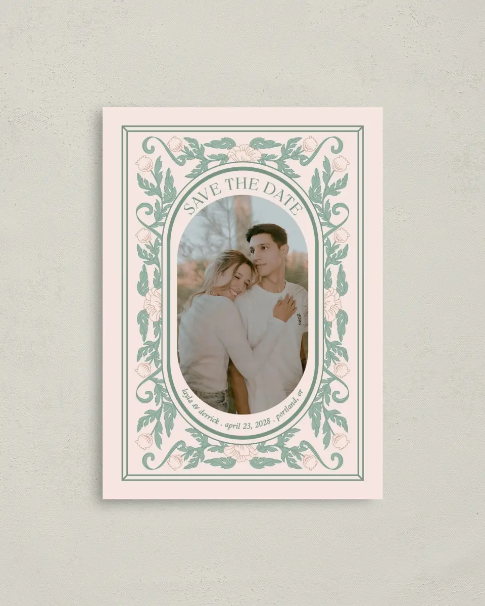 This is a 4" x 5.6" Save the Date Postcard called Vintage Dream printed in full color with Gold foil on Soft Touch Finish paper