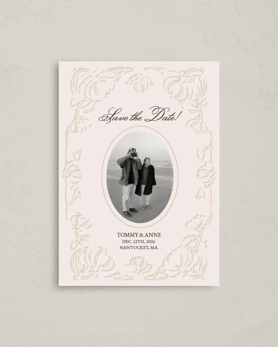 This is a 4" x 5.6" Save the Date Postcard called Vintage Paper printed in full color with Gold foil on Soft Touch Finish paper