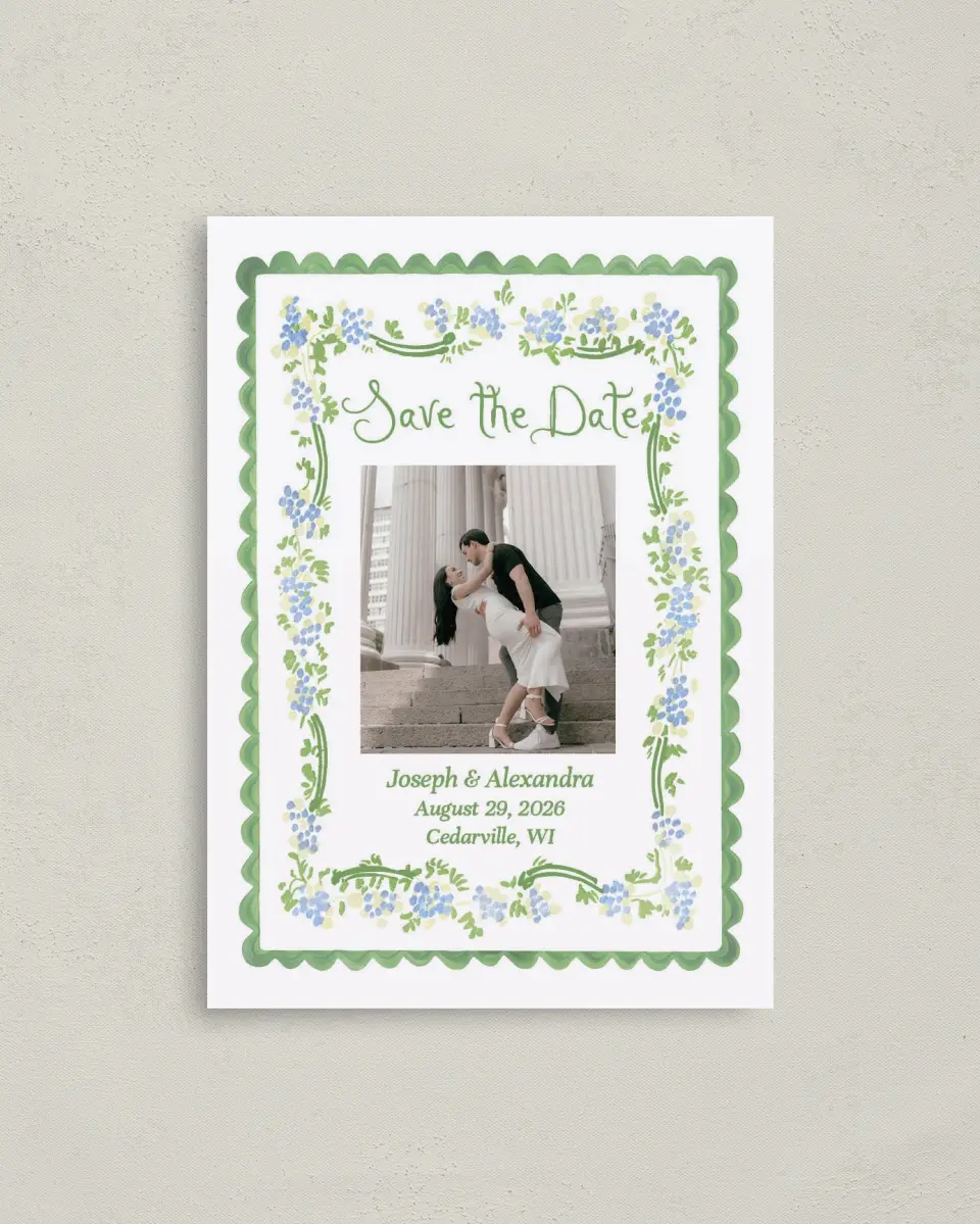 This is a 4" x 5.6" Save the Date Postcard called Flower Frame printed in full color with Gold foil on Soft Touch Finish paper