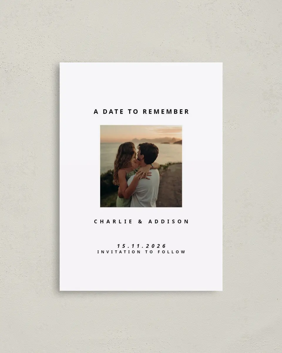 This is a 4" x 5.6" Save the Date Postcard called Date to Remember printed in full color with Gold foil on Soft Touch Finish paper