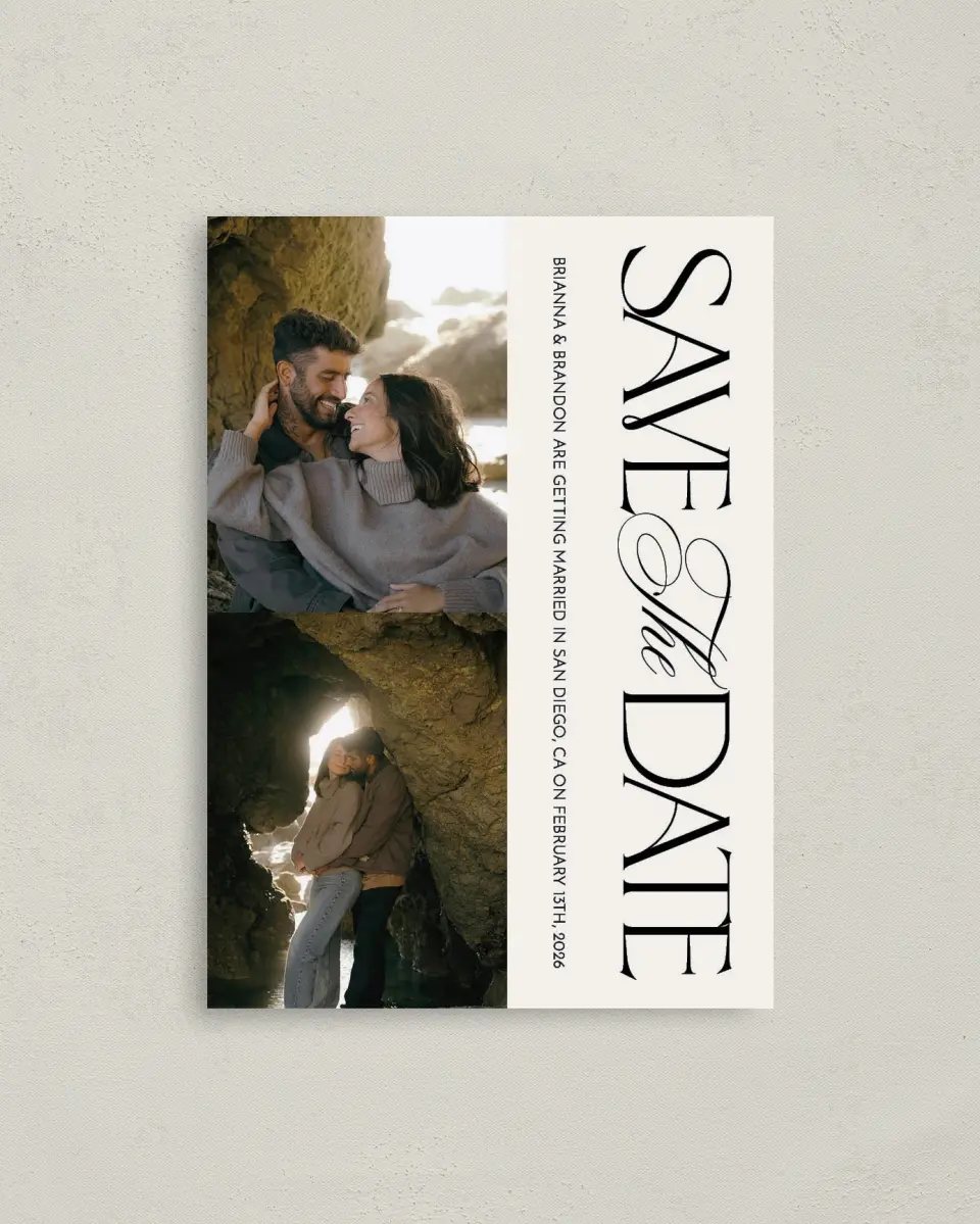 This is a 4" x 5.6" Save the Date Postcard called Modern Romance printed in full color with Gold foil on Soft Touch Finish paper