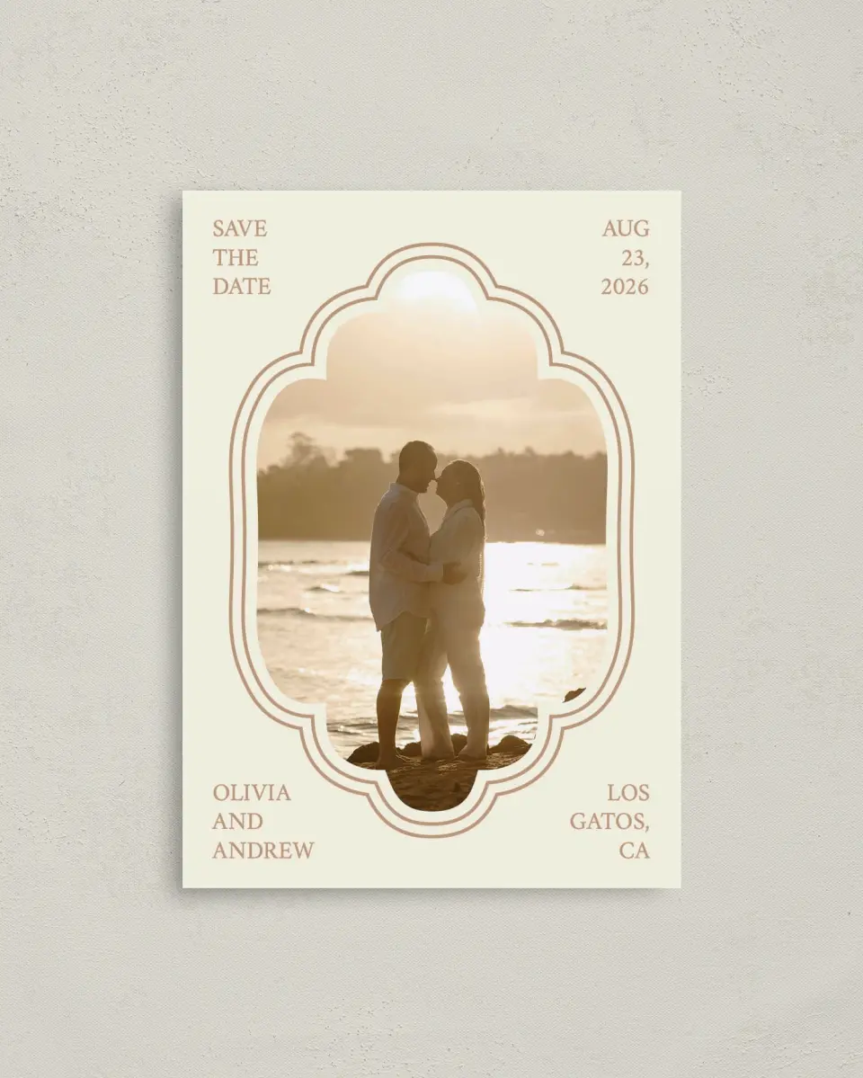 This is a 4" x 5.6" Save the Date Postcard called Beaded Veil printed in full color with Gold foil on Soft Touch Finish paper
