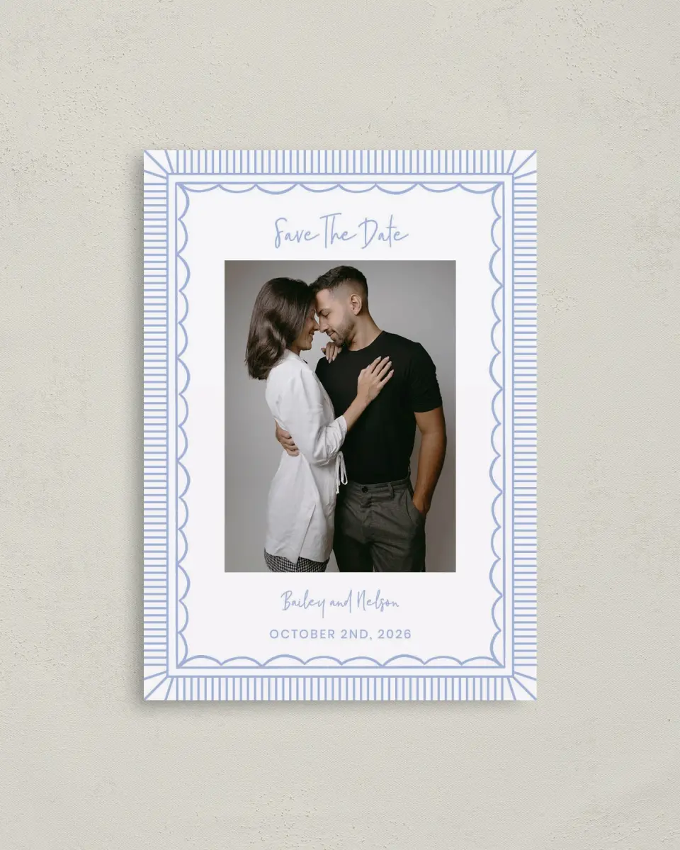 This is a 4" x 5.6" Save the Date Postcard called Framed in Flowers printed in full color with Gold foil on Soft Touch Finish paper