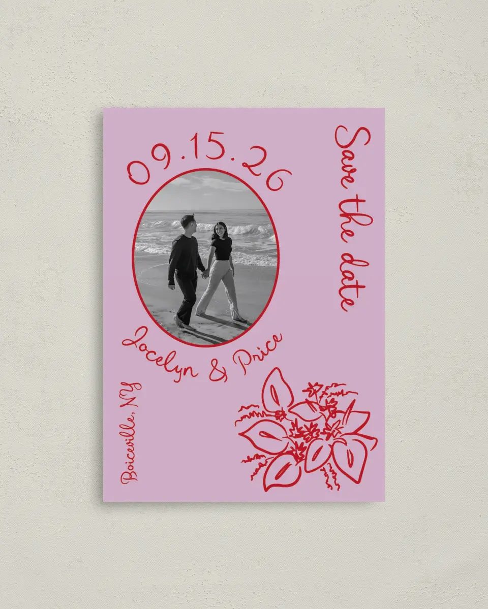 This is a 4" x 5.6" Save the Date Postcard called Flourishing Love printed in full color with Gold foil on Soft Touch Finish paper