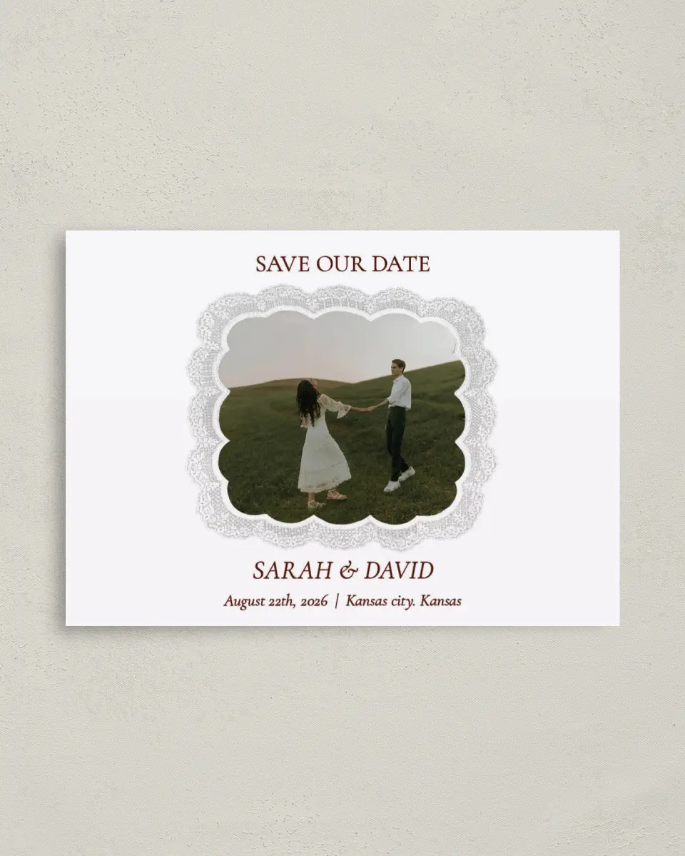 This is a 4" x 5.6" Save the Date Postcard called Trimmed Lace printed in full color with Gold foil on Soft Touch Finish paper