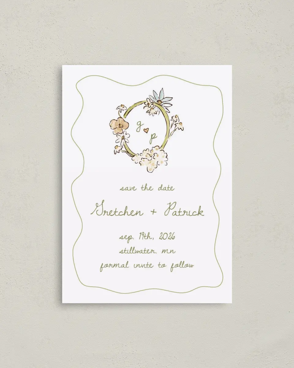 This is a 4" x 5.6" Save the Date Postcard called Soft Garden Vows printed in full color with Gold foil on Soft Touch Finish paper