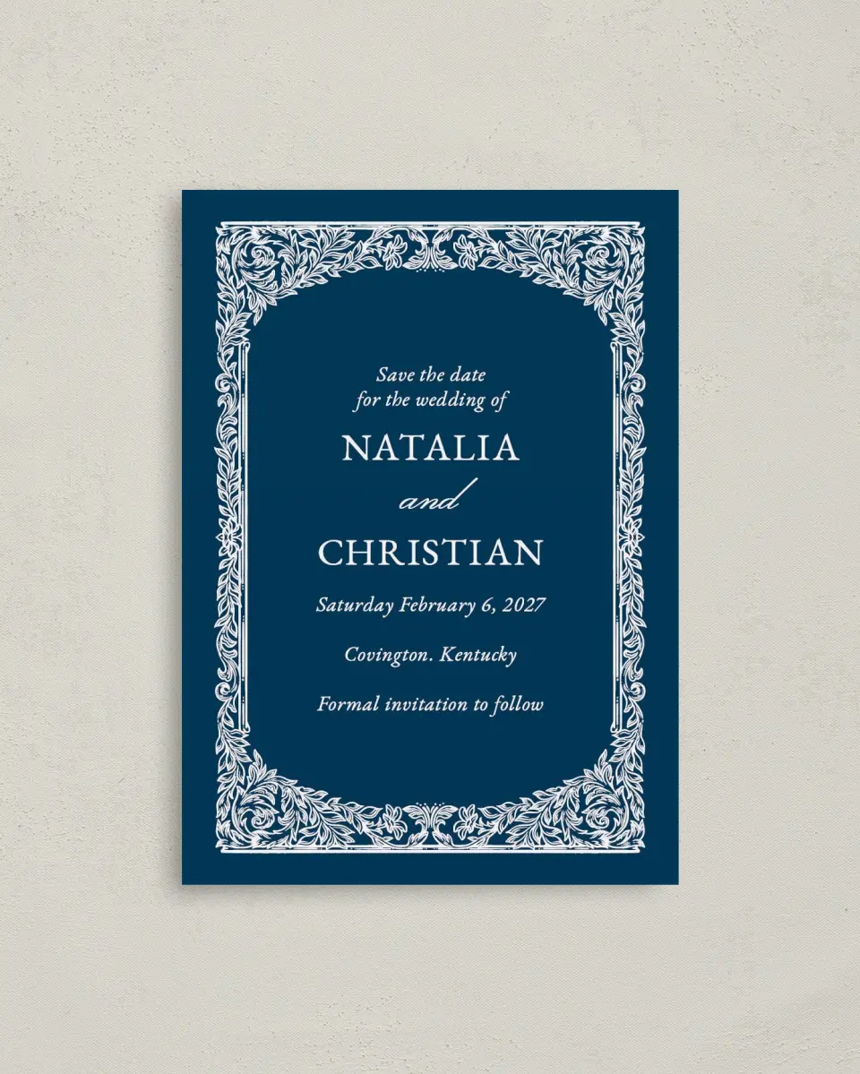 This is a 4" x 5.6" Save the Date Postcard called Heirloom Crest printed in full color with Gold foil on Soft Touch Finish paper