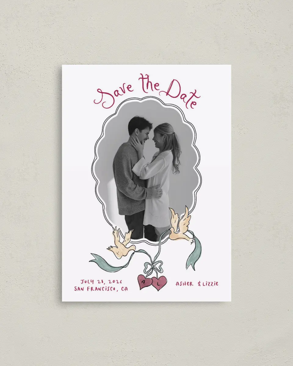 This is a 4" x 5.6" Save the Date Postcard called Love Dove printed in full color on Soft Touch Finish paper