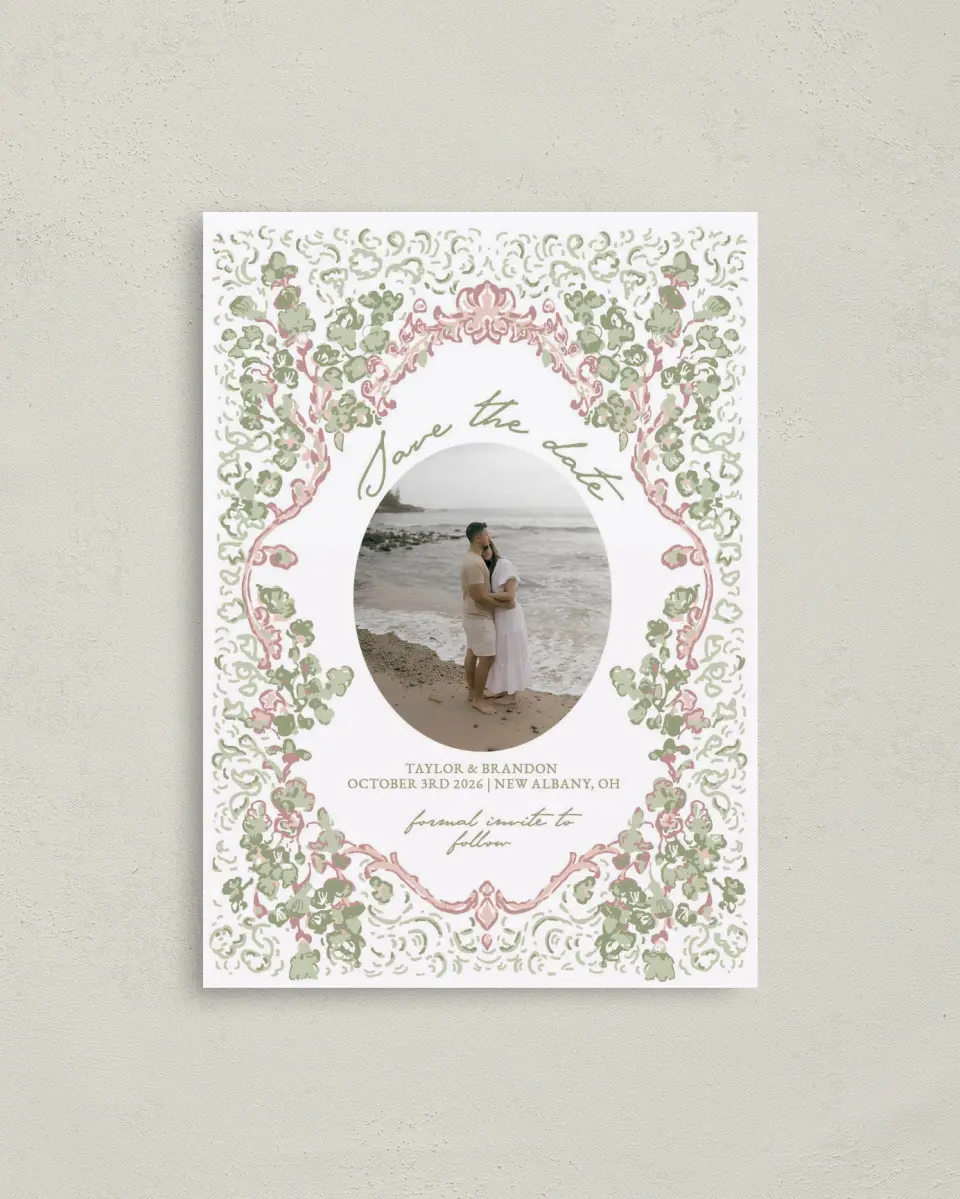 This is a 4" x 5.6" Save the Date Postcard called Verdant Romance printed in full color with Gold foil on Soft Touch Finish paper