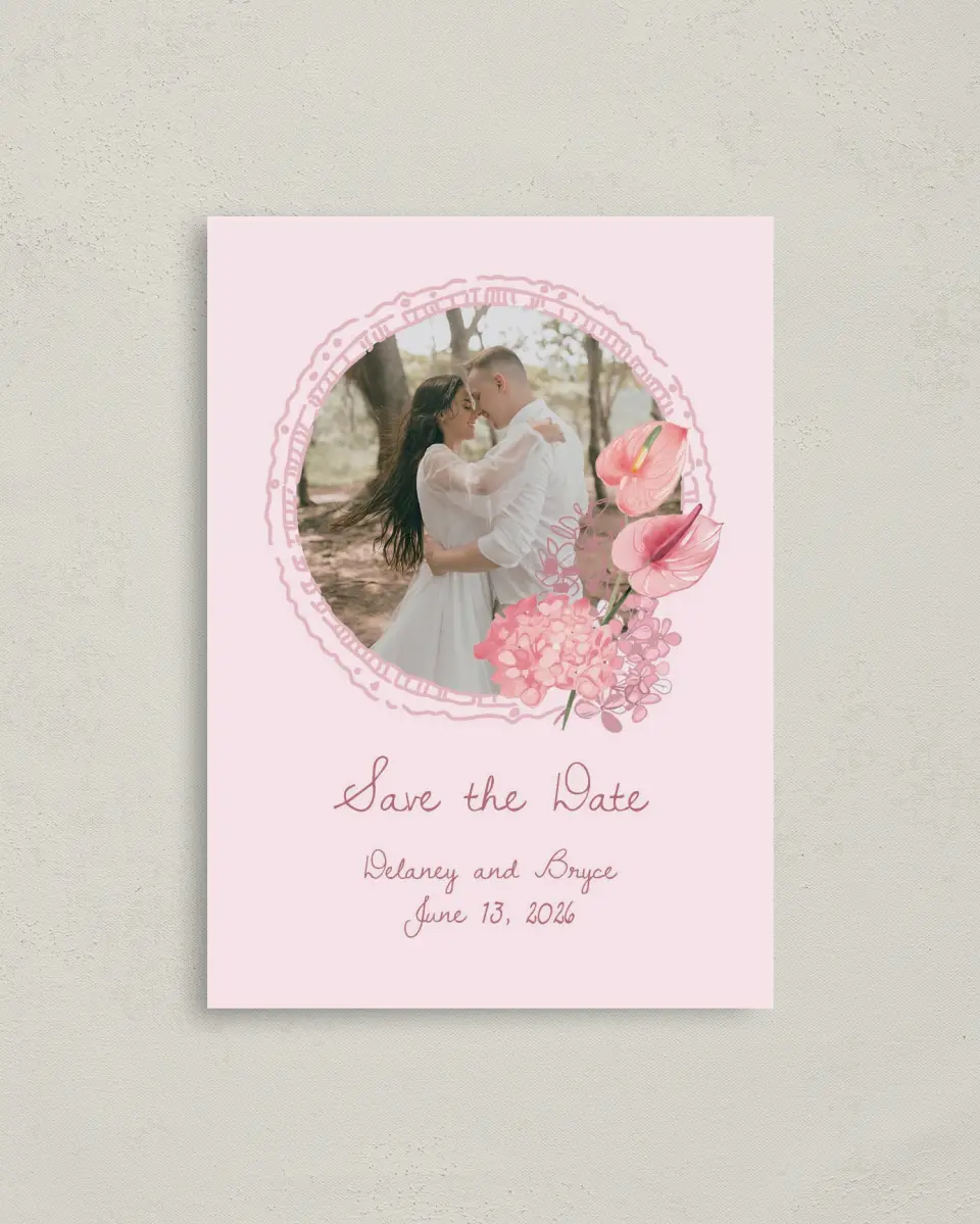This is a 4" x 5.6" Save the Date Postcard called Blushing Whimsy printed in full color with Gold foil on Soft Touch Finish paper