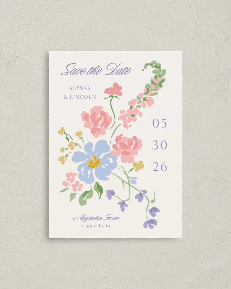 This is a 4" x 5.6" Save the Date Postcard called Gentle Garden printed in full color with Gold foil on Soft Touch Finish paper