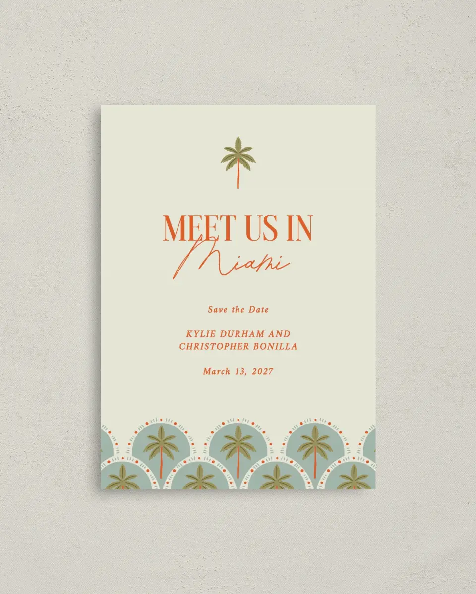 This is a 4" x 5.6" Save the Date Postcard called Tropical Treasure printed in full color with Gold foil on Soft Touch Finish paper