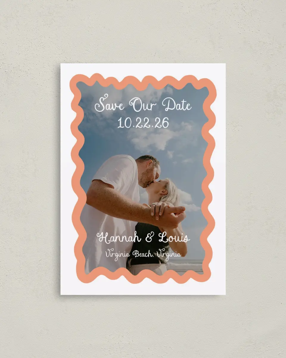 This is a 4" x 5.6" Save the Date Postcard called Wavy Love printed in full color with Gold foil on Soft Touch Finish paper