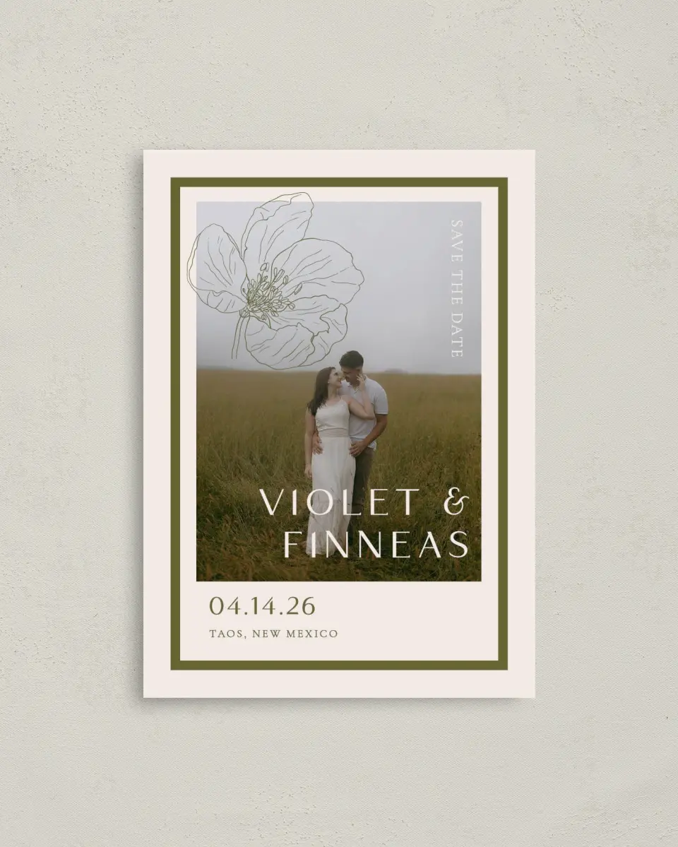 This is a 4" x 5.6" Save the Date Postcard called Delicate Love printed in full color with Gold foil on Soft Touch Finish paper