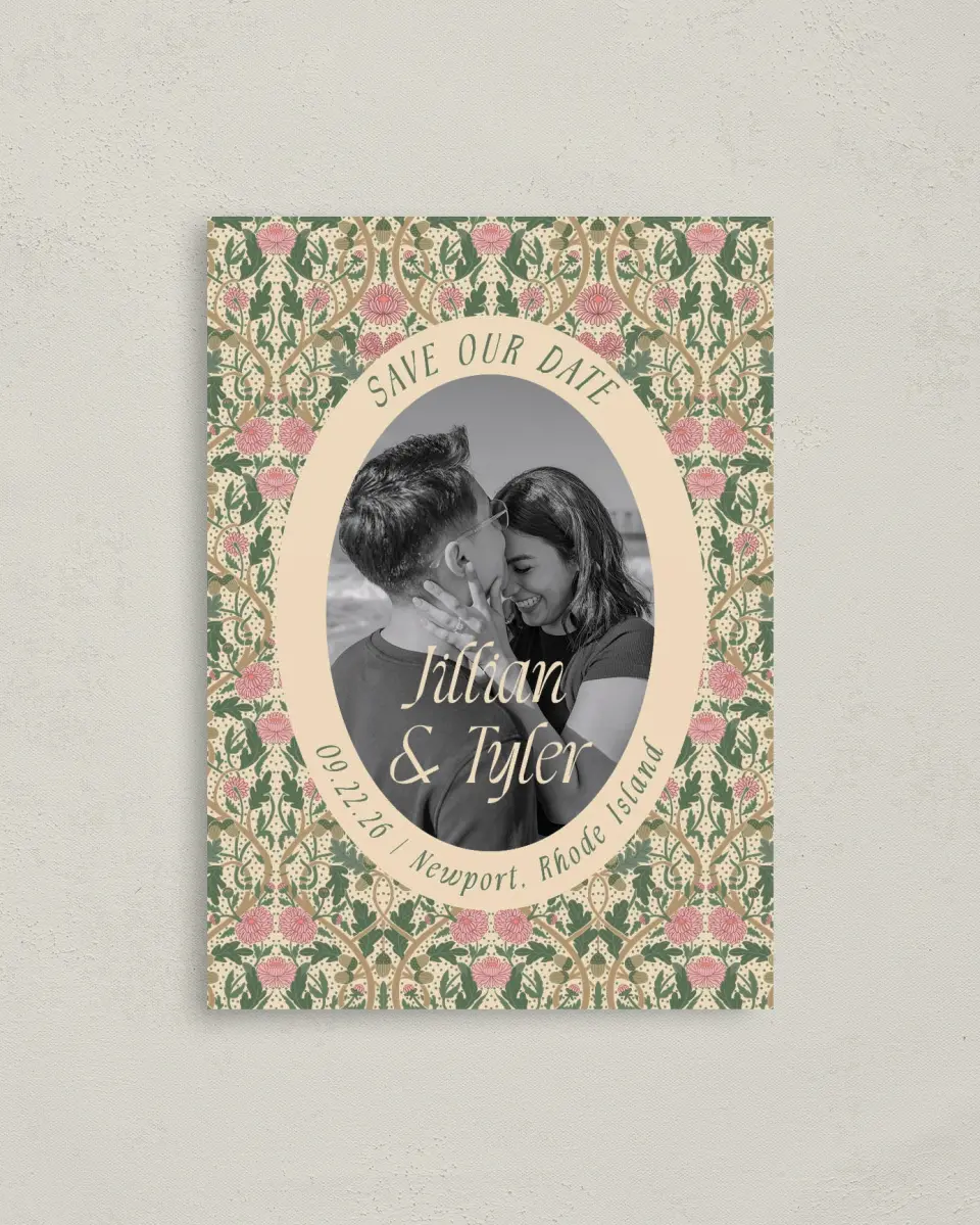 This is a 4" x 5.6" Save the Date Postcard called Regal Garden printed in full color with Gold foil on Soft Touch Finish paper