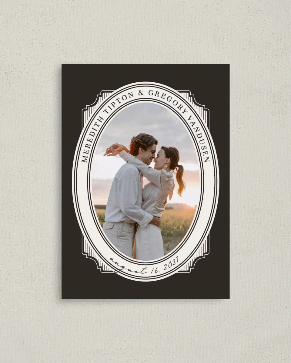 This is a 4" x 5.6" Save the Date Postcard called Opulent Endearment printed in full color with Gold foil on Soft Touch Finish paper