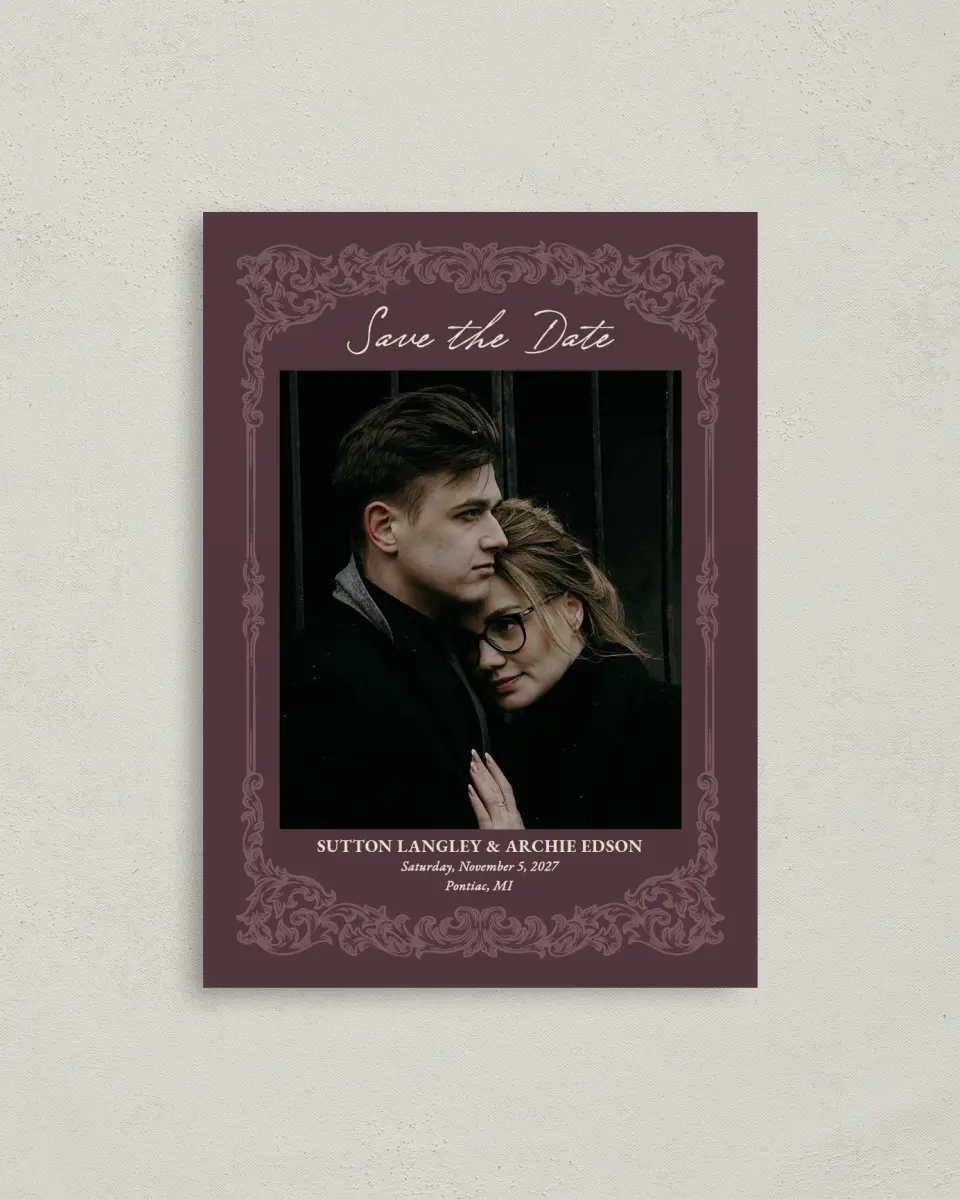 This is a 4" x 5.6" Save the Date Postcard called Victorian Aura printed in full color on Soft Touch Finish paper