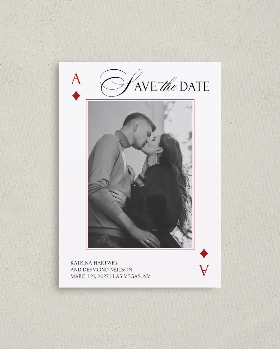 This is a 4" x 5.6" Save the Date Postcard called Elevated Vegas printed in full color with Gold foil on Soft Touch Finish paper