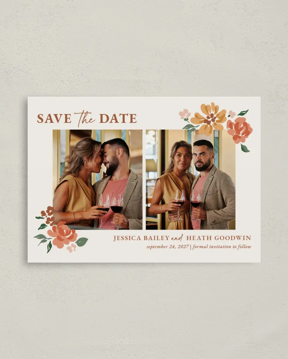 This is a 4" x 5.6" Save the Date Postcard called Plush Petals printed in full color with Gold foil on Soft Touch Finish paper
