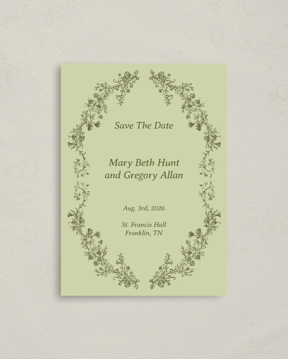 This is a 4" x 5.6" Save the Date Postcard called Vintage Chinoiserie printed in full color with Gold foil on Soft Touch Finish paper