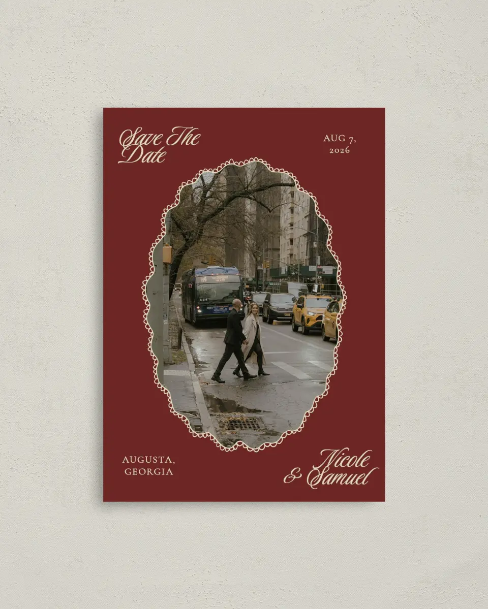 This is a 4" x 5.6" Save the Date Postcard called Bloom & Crest printed in full color with Gold foil on Soft Touch Finish paper