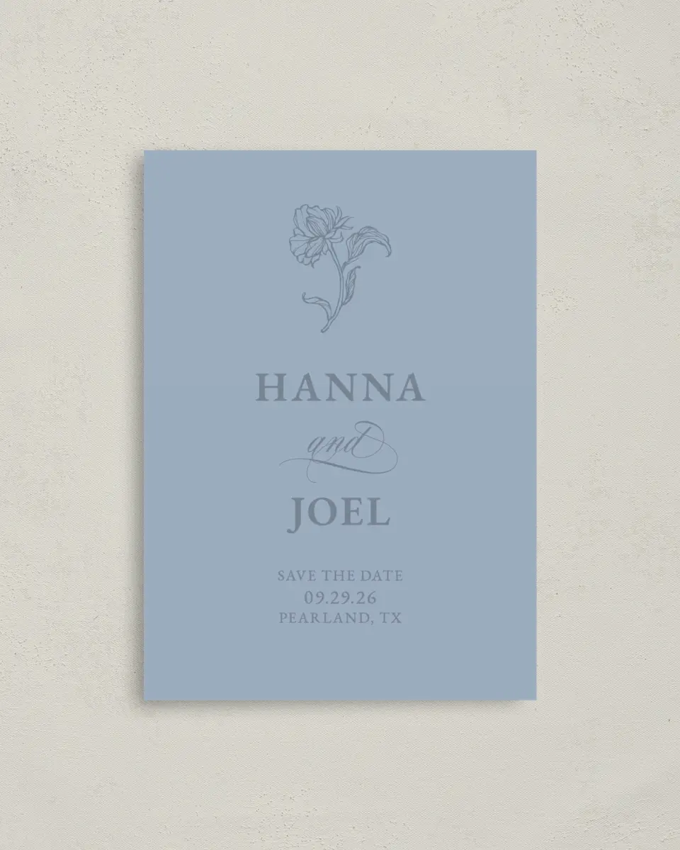 This is a 4" x 5.6" Save the Date Postcard called Pressed Petals printed in full color on Soft Touch Finish paper