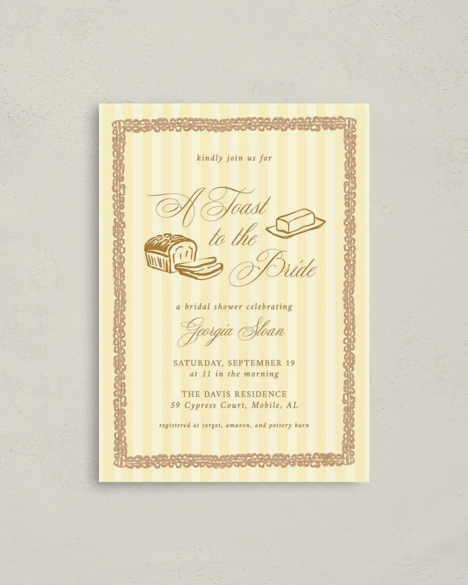 This is a 4" x 5.6" Bridal Shower Invitation Postcard called Toast to the Bride printed in full color with Gold foil on Soft Touch Finish paper