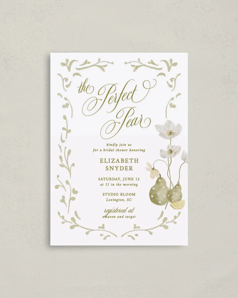 This is a 4" x 5.6" Bridal Shower Invitation Postcard called Perfect Pear printed in full color on Soft Touch Finish paper