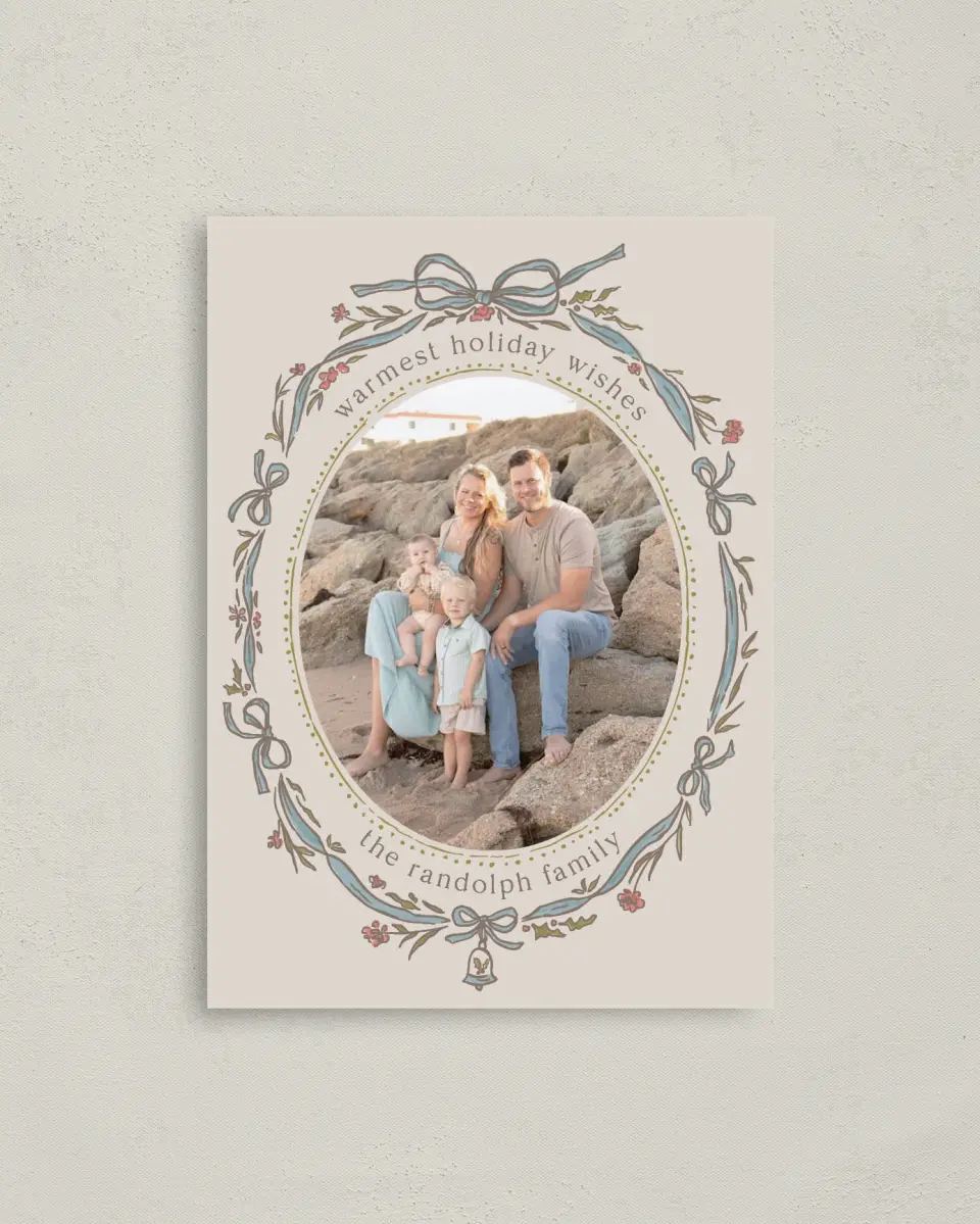This is a 4" x 5.6" Christmas Card called Charming Wreath printed in full color on Premium Smooth paper