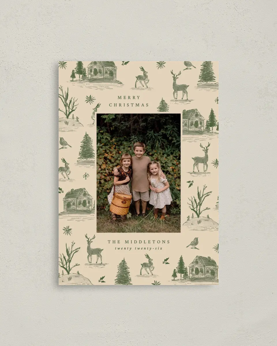 This is a 4" x 5.6" Christmas Card called Countryside Toile printed in full color on Premium Smooth paper