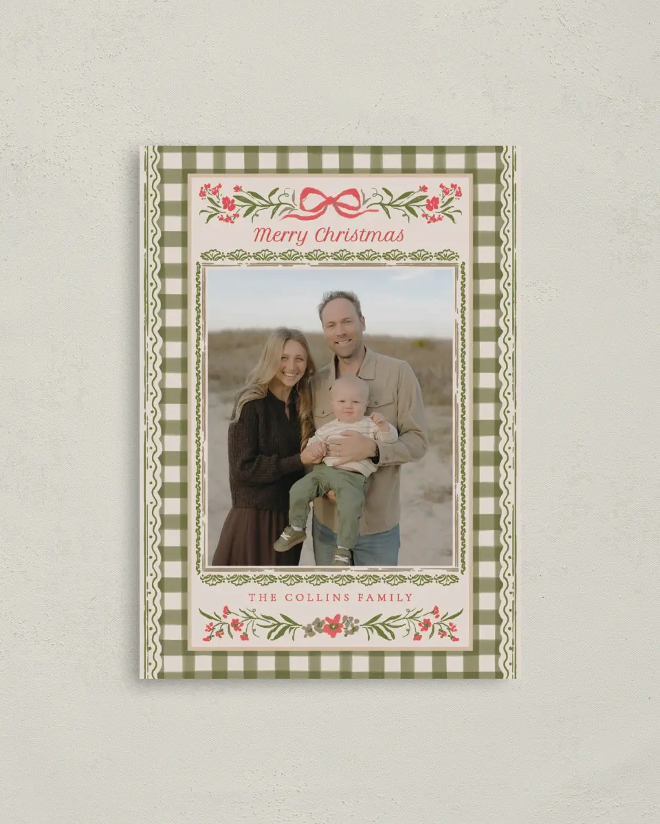 This is a 4" x 5.6" Christmas Card called Darling Gingham printed in full color on Premium Smooth paper