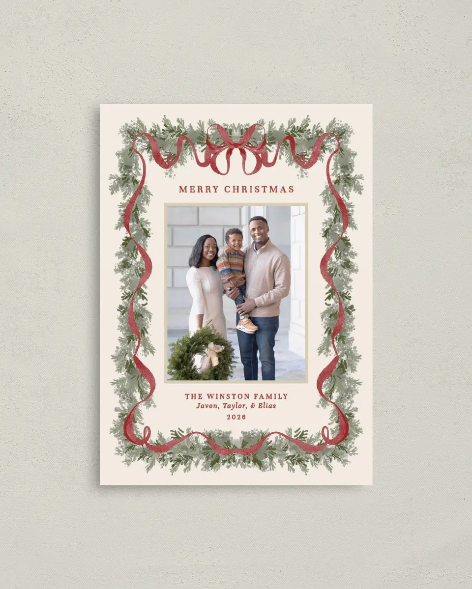 This is a 4" x 5.6" Christmas Card called Classy Garland printed in full color on Premium Smooth paper