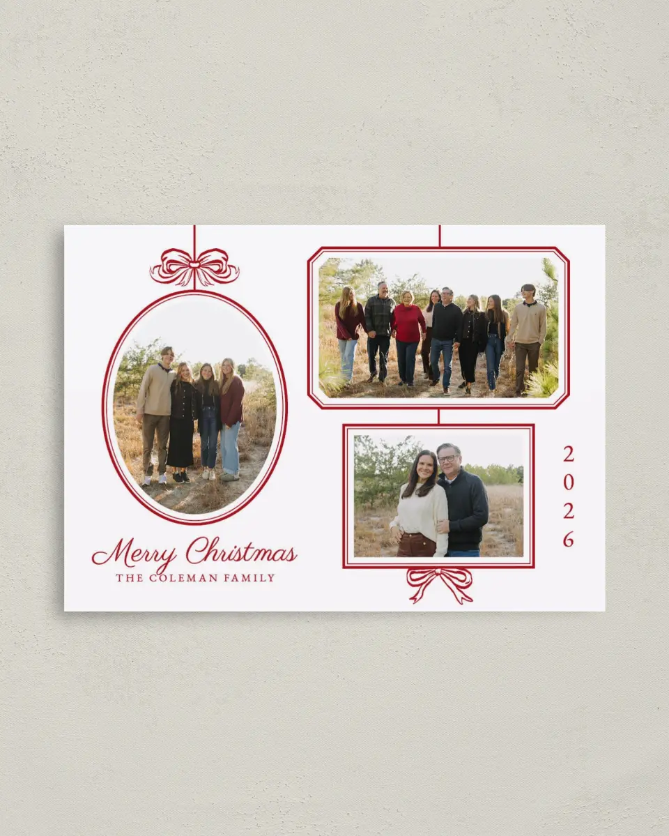 This is a 4" x 5.6" Christmas Card called Framed Gallery printed in full color with Silver foil on Soft Suede (coated) paper