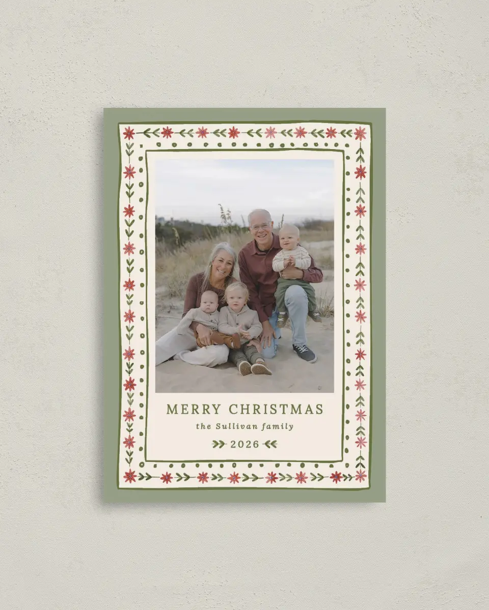 This is a 4" x 5.6" Christmas Card called Folksy Floral printed in full color on Premium Smooth paper