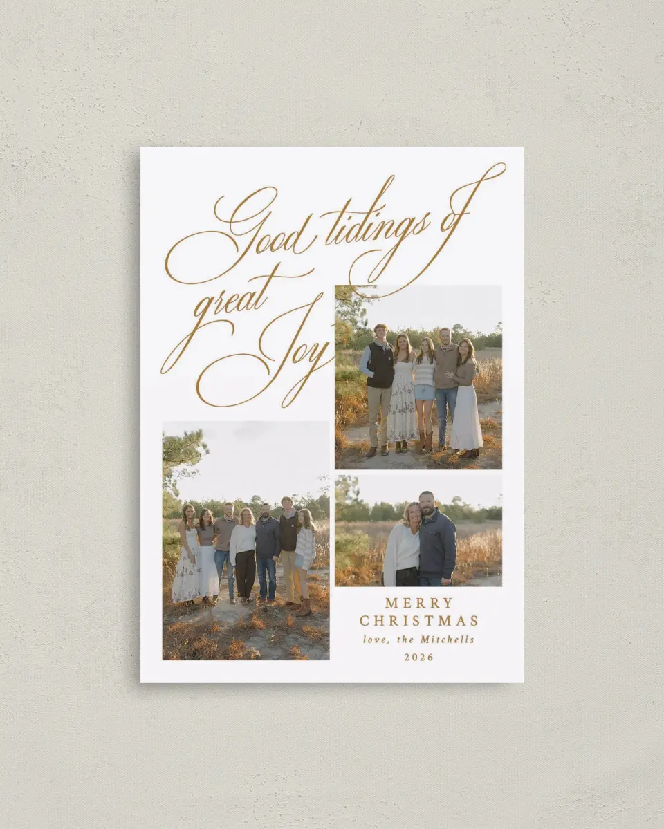 This is a 4" x 5.6" Christmas Card called Tidings of Joy printed in full color on Premium Smooth paper