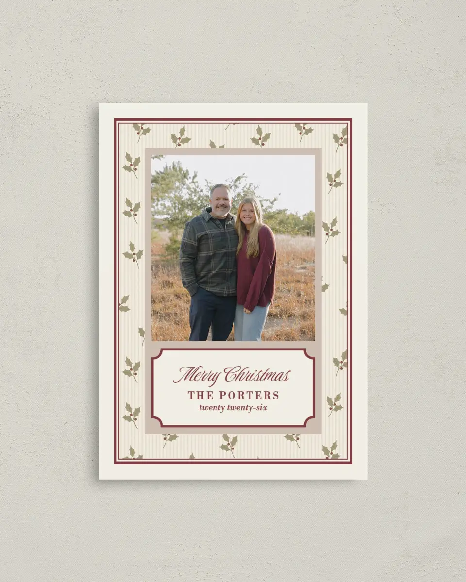 This is a 4" x 5.6" Christmas Card called Holly Stripe printed in full color on Premium Smooth paper