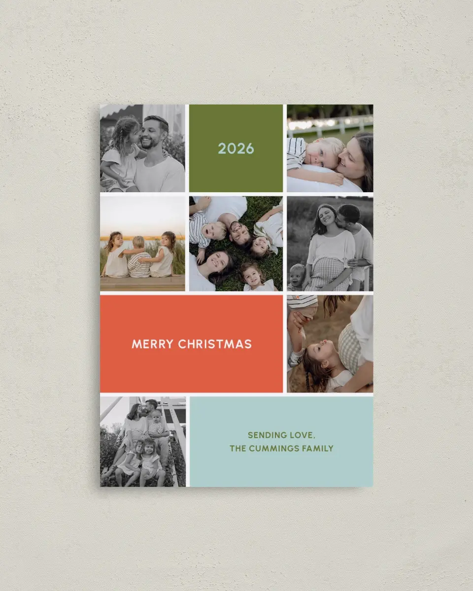 This is a 4" x 5.6" Christmas Card called Festive Color Block printed in full color on Premium Smooth paper