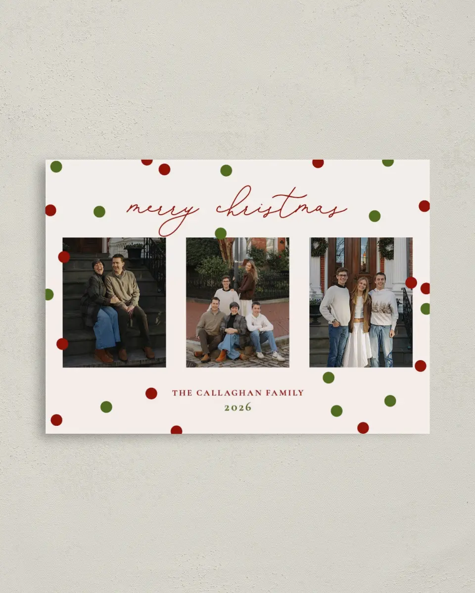This is a 4" x 5.6" Christmas Card called Dotting Around the Tree printed in full color on Premium Smooth paper