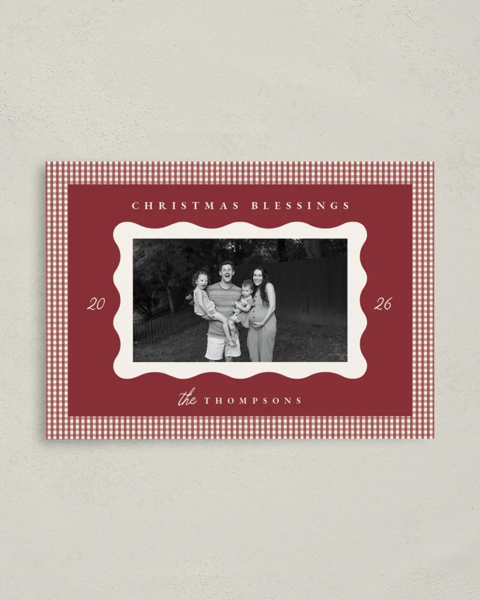 This is a 4" x 5.6" Christmas Card called Gingham Greetings printed in full color on Premium Smooth paper