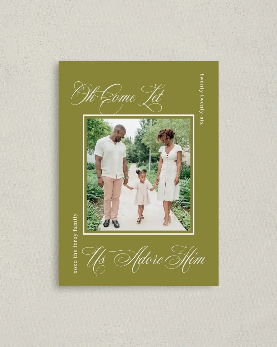 This is a 4" x 5.6" Christmas Card called Adoration & Celebration printed in full color on Premium Smooth paper
