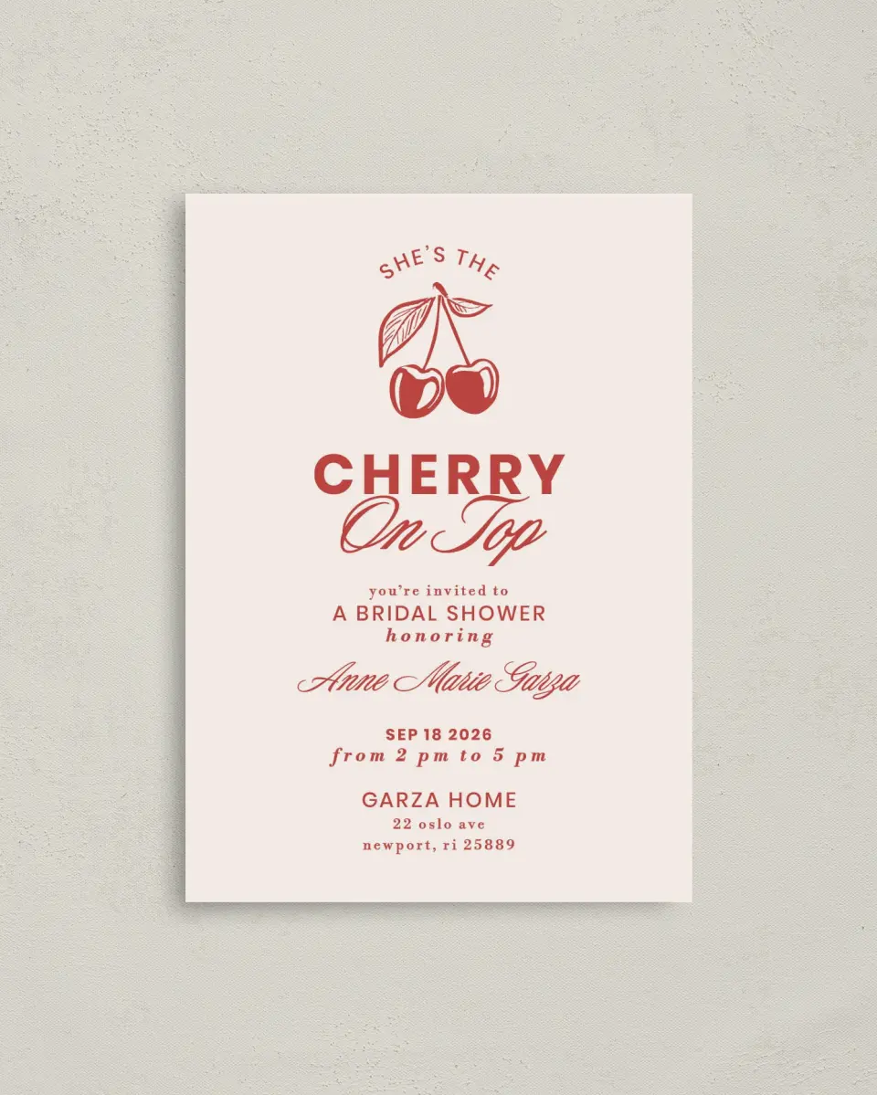 This is a 4" x 5.6" Bridal Shower Invitation Postcard called Cherry on Top printed in full color on Soft Touch Finish paper