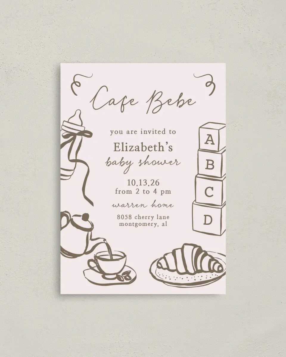 This is a 4" x 5.6" Baby Shower Invitation Postcard called Cafe Bebe printed in full color with Rose Gold foil on Soft Touch Finish paper
