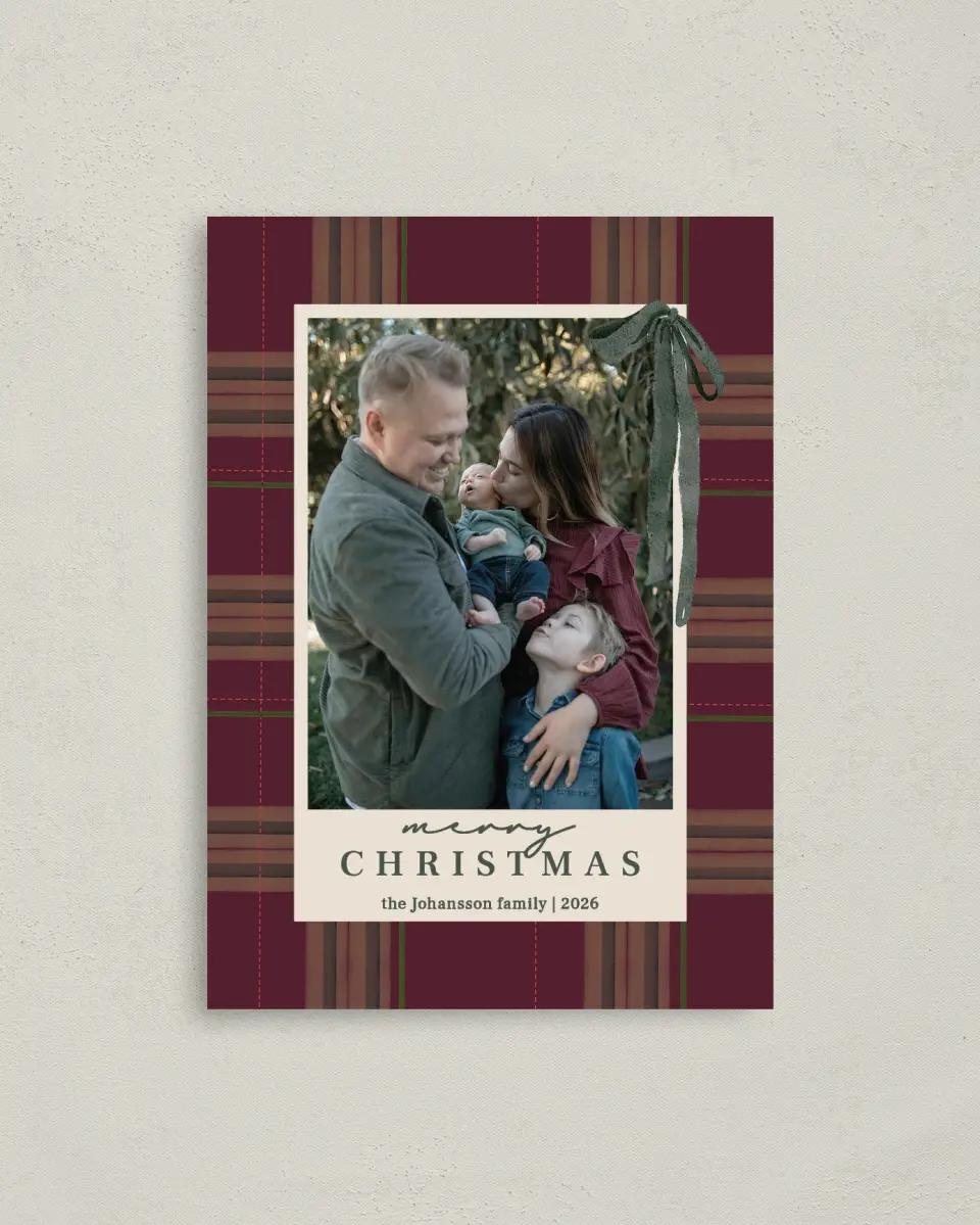 This is a 4" x 5.6" Christmas Card called Quiet Luxurious Plaid printed in full color on Premium Smooth paper