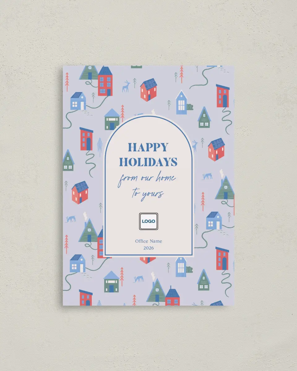 This is a 4" x 5.6" Christmas Card called Cheerful Homes printed in full color on Premium Smooth paper