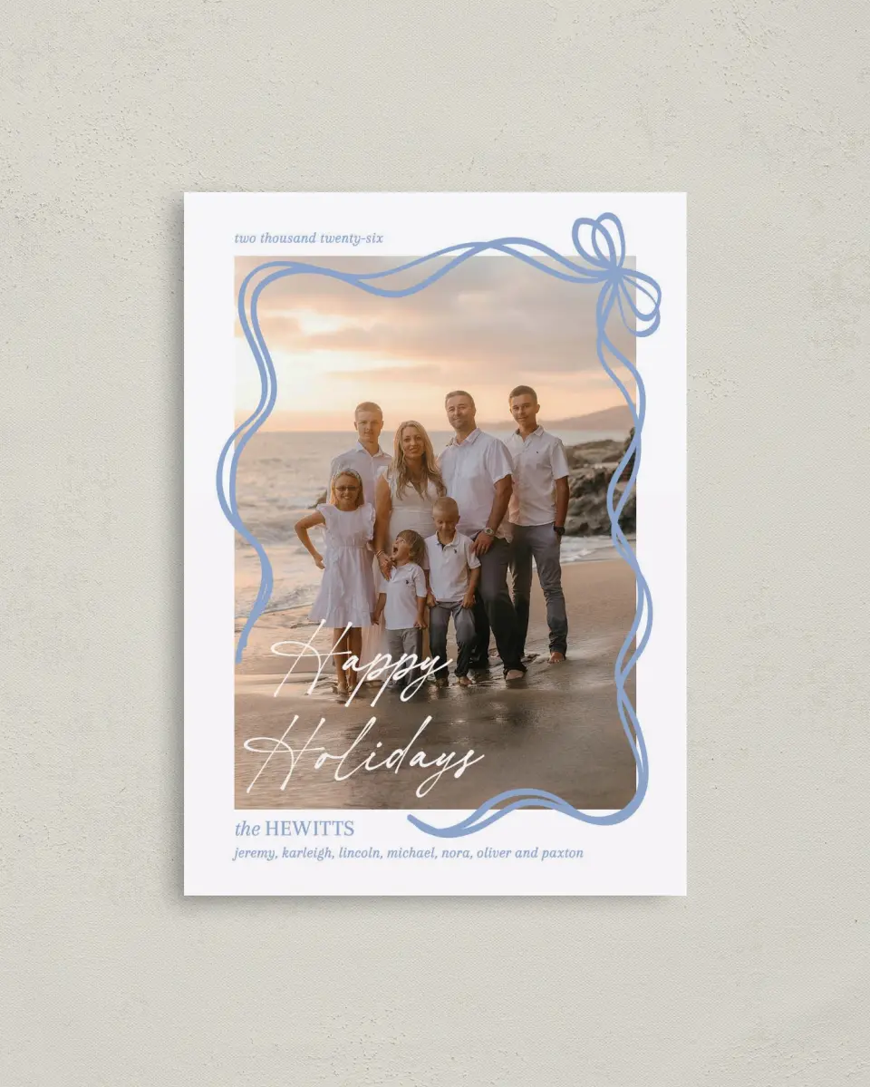 This is a 4" x 5.6" Christmas Card called Scribbled Ribbon printed in full color on Premium Smooth paper