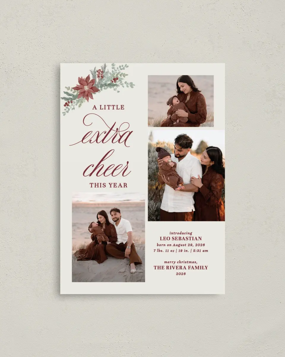 This is a 4" x 5.6" Christmas Card called Bundle of Cheer printed in full color with Silver foil on Soft Suede (coated) paper